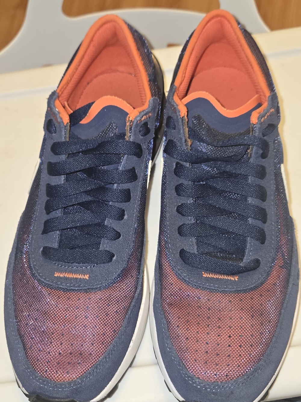 Nike Waffle One sneakers Midnight Navy, White, and Orange colorway